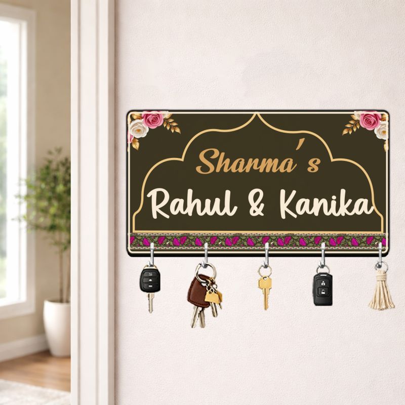 Personalised Nameplate Key Stand with 5 Hooks for Home Entrance Decor